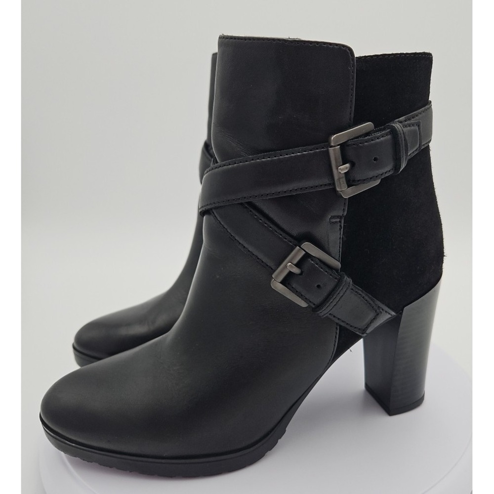Geox Black Leather Suede High Stack Heel Ankle Boots Side Zip Buckle Sz 6.5 *EUC